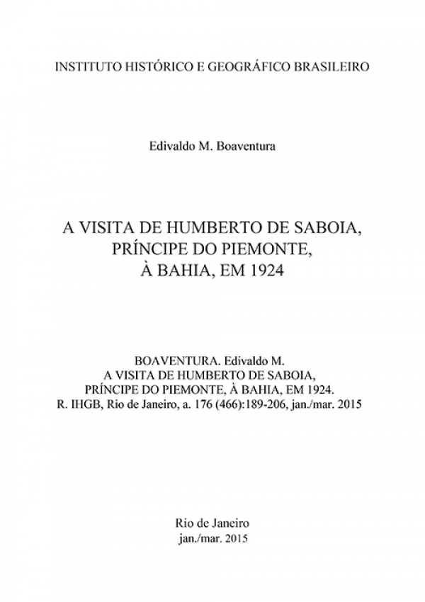 A VISITA DE HUMBERTO DE SABOIA, PRÍNCIPE DO PIEMONTE, À BAHIA, EM 1924