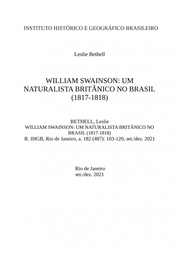 WILLIAM SWAINSON: UM NATURALISTA BRITÂNICO NO BRASIL (1817-1818)
