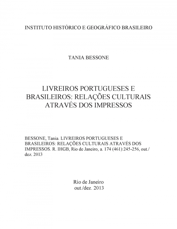 LIVREIROS PORTUGUESES E BRASILEIROS: RELAÇÕES CULTURAIS ATRAVÉS DOS IMPRESSOS