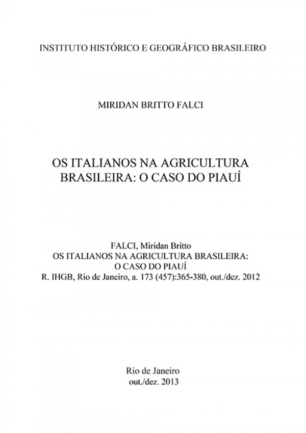 OS ITALIANOS NA AGRICULTURA BRASILEIRA: O CASO DO PIAUÍ
